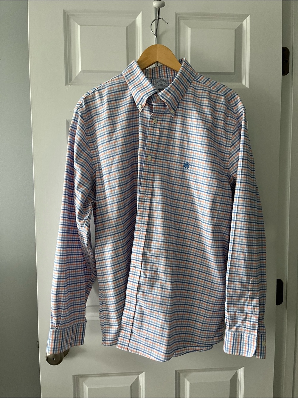 Brooks Brothers Men's Blue and Orange Plaid Button-Down Shirt
